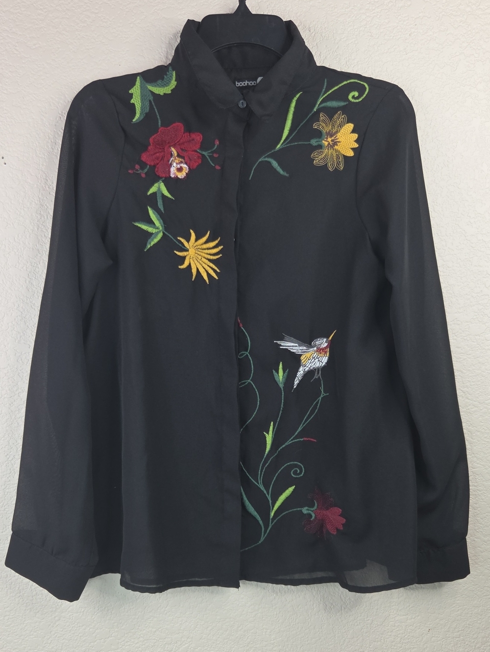 Boohoo Black Button-Down Shirt with Floral & Bird Embroidery